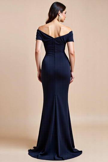 Navy Satin Off The Shoulder Sheath Long Mother Of The Bride Dress With Slit